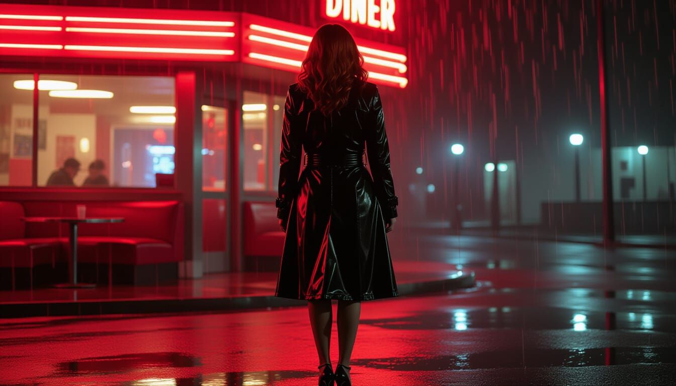 Red-Haired Woman in Rainy Diner Scene