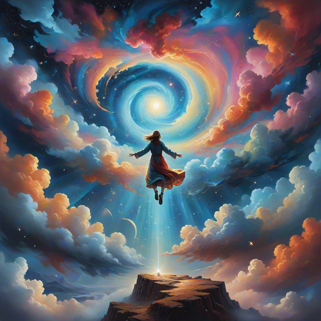 Surreal Figure Soars Through Cosmic Dreamscape
