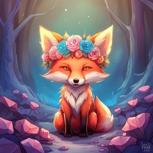 Chibi Fox with Flower Crown: Fantasy Artwork
