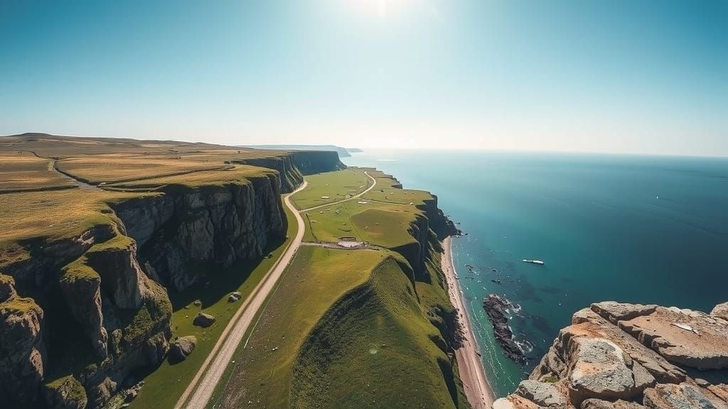 Aerial View of Green Valley by Calm Seashore