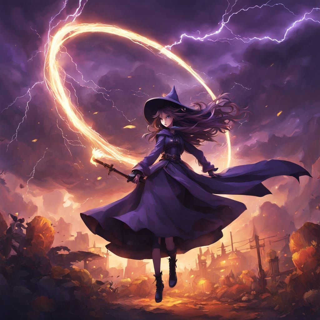 Anime Witch Flies Broomstick Amidst Lightning