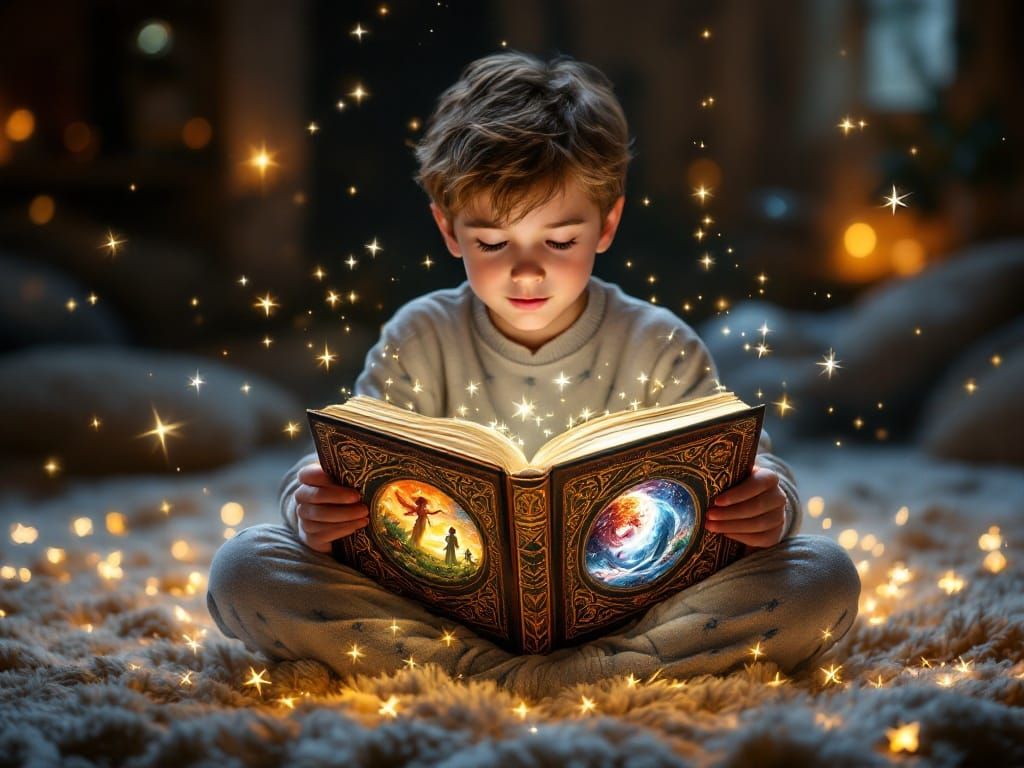 Boy Immersed in Magical Book's Dreamlike Universes