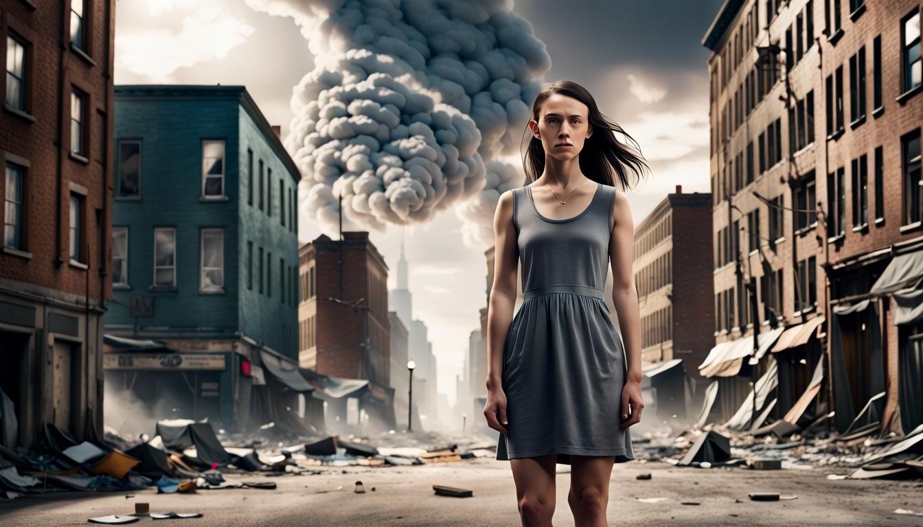 Sad Woman Amidst Decaying Buildings, Photorealistic Style