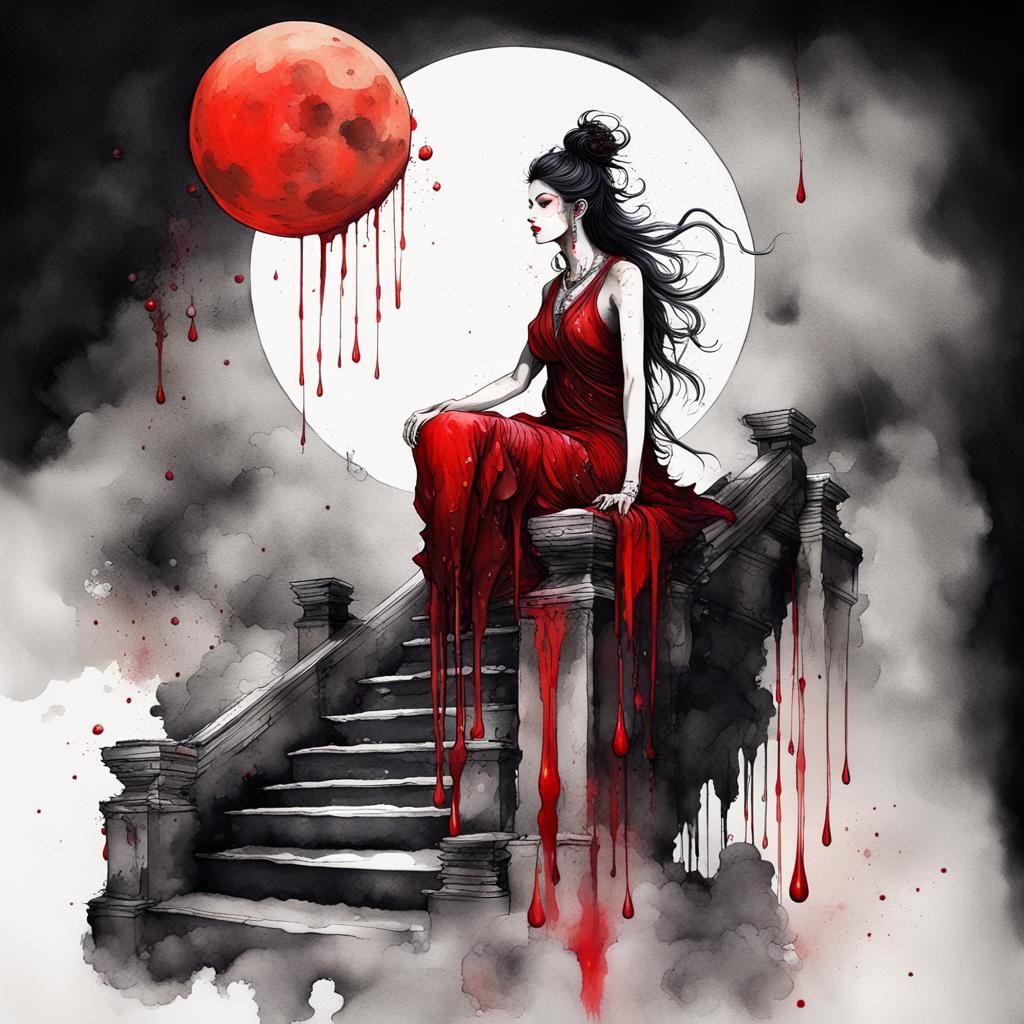 Goddess Under Blood Moon: Ink and Watercolor Art