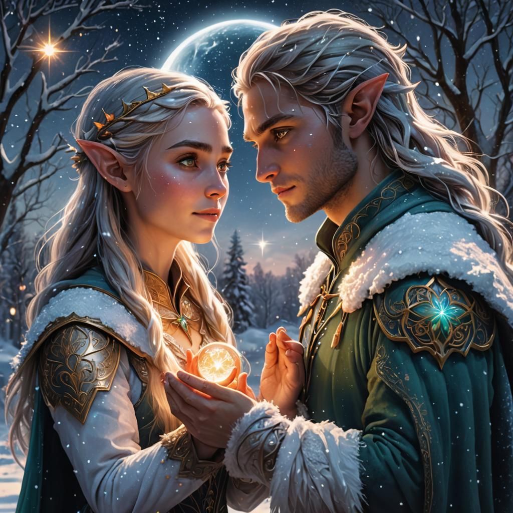 Elf Heals Amidst Starry Eclipse: Digital Art