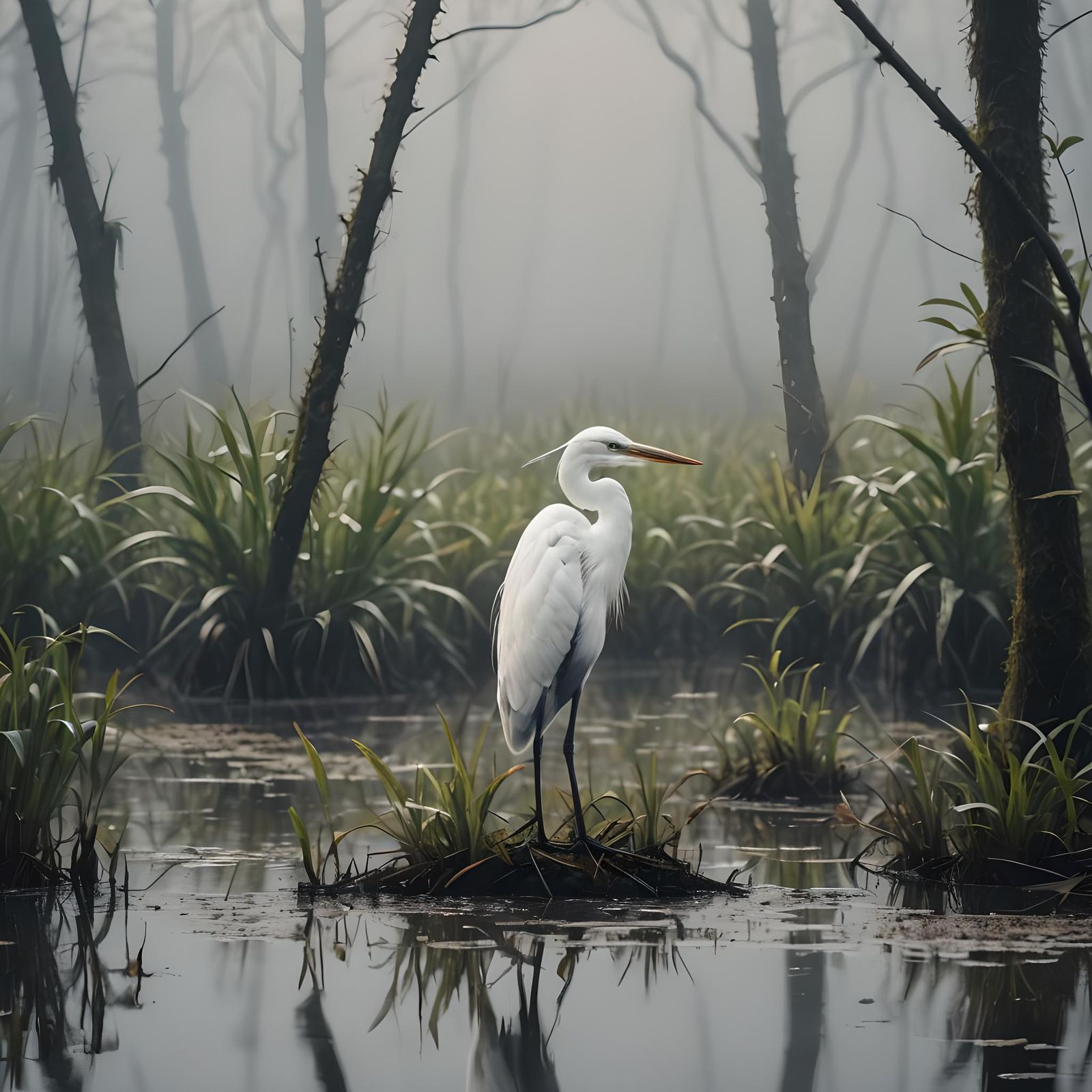 White Heron in Foggy Swamp: Professional Photography