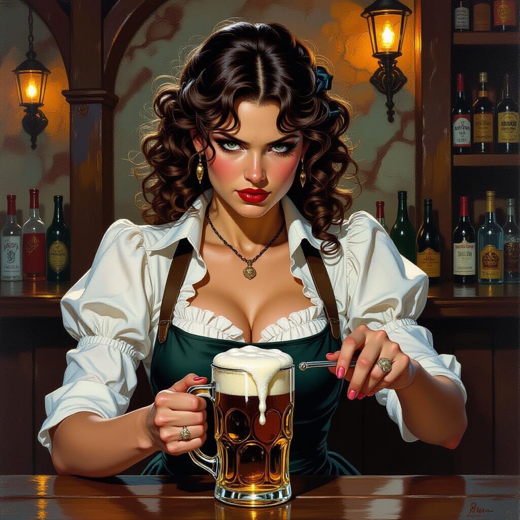 Fantasy Barmaid Drenches Patron in Frazetta Style