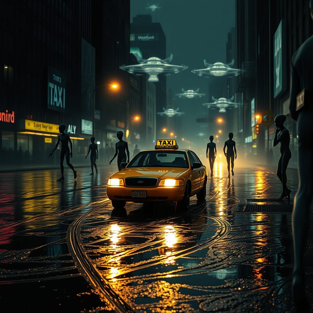 Alien Encounter in a Rainy Cityscape