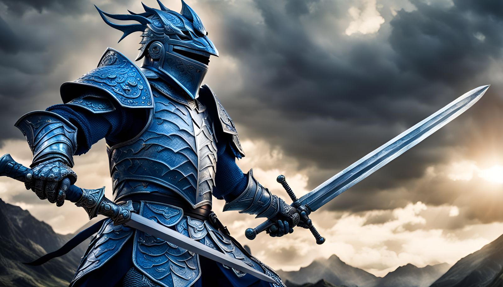 Knight in Blue and Silver Battles Dragon