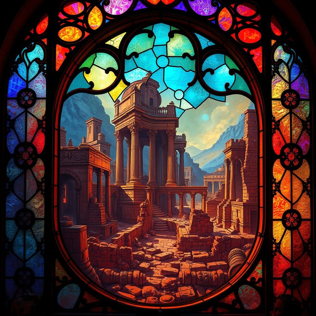 Ancient City Ruins in Vibrant Stained Glass