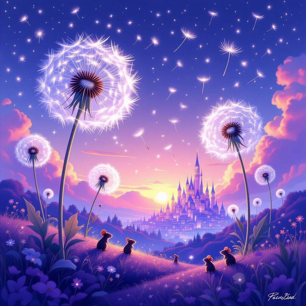 Surreal Dandelion Dreamscape in Lavender Twilight