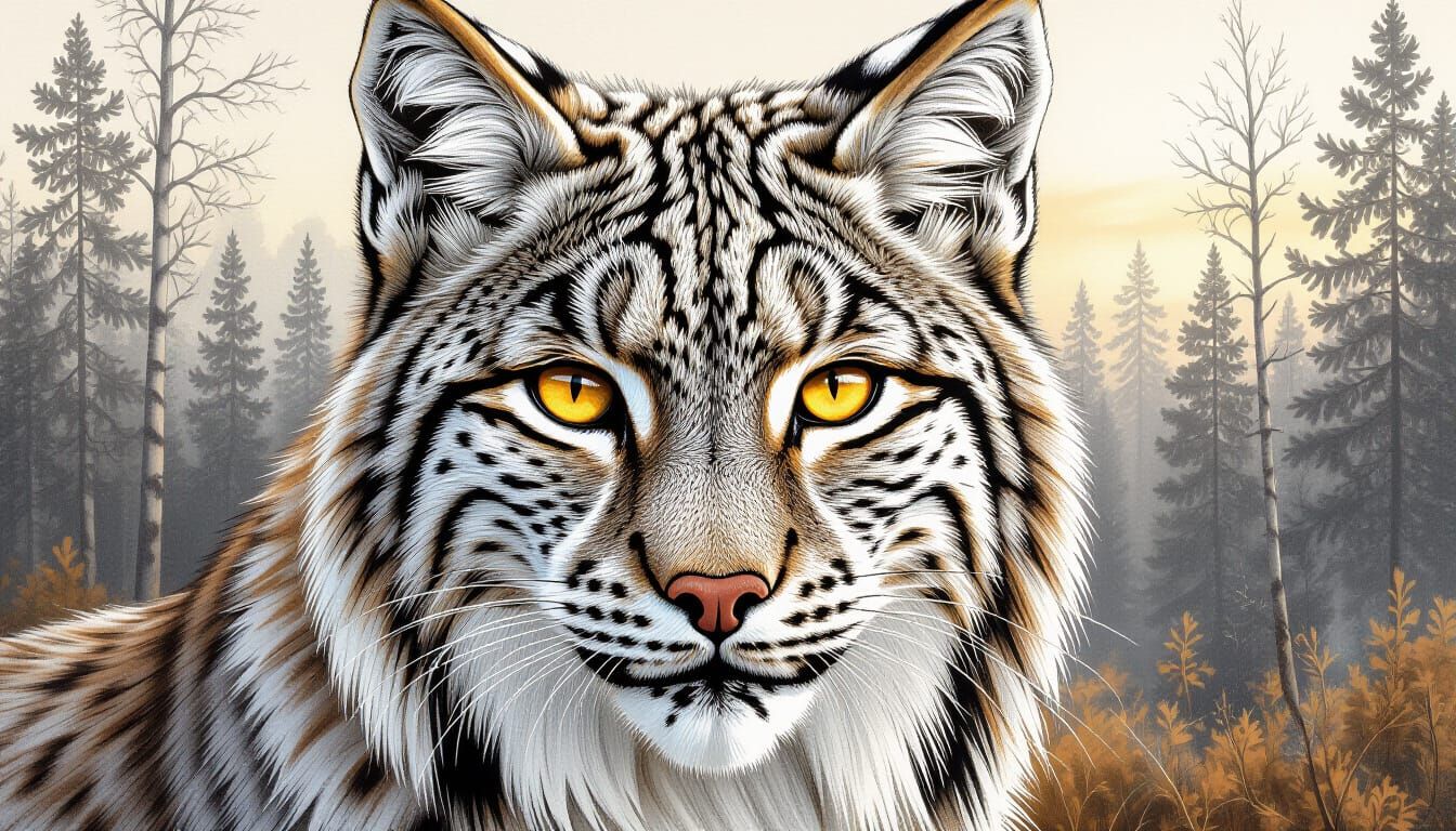 Detailed Lynx Pencil Sketch with Forest Background