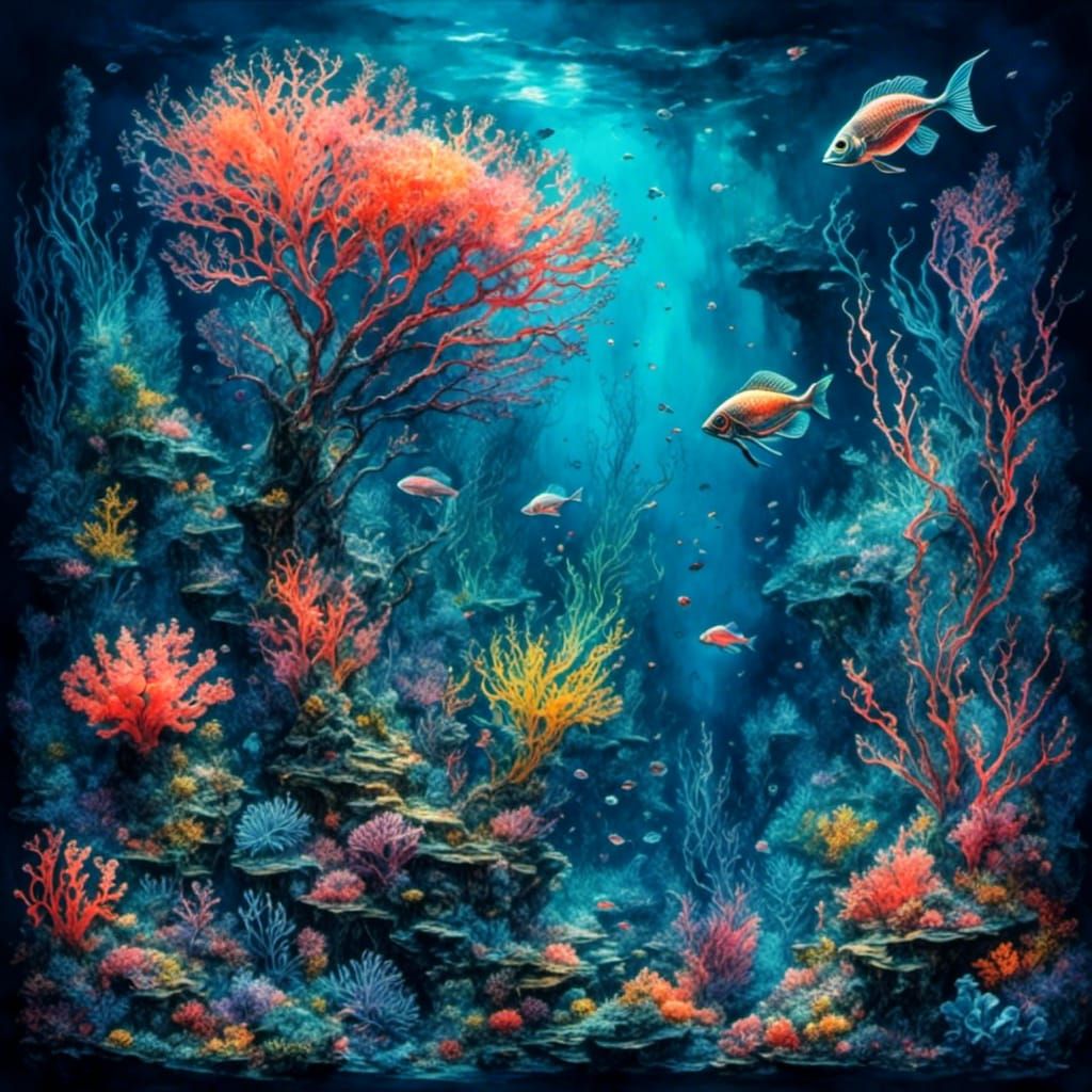 Bioluminescent Underwater Seascape in Watercolour Style