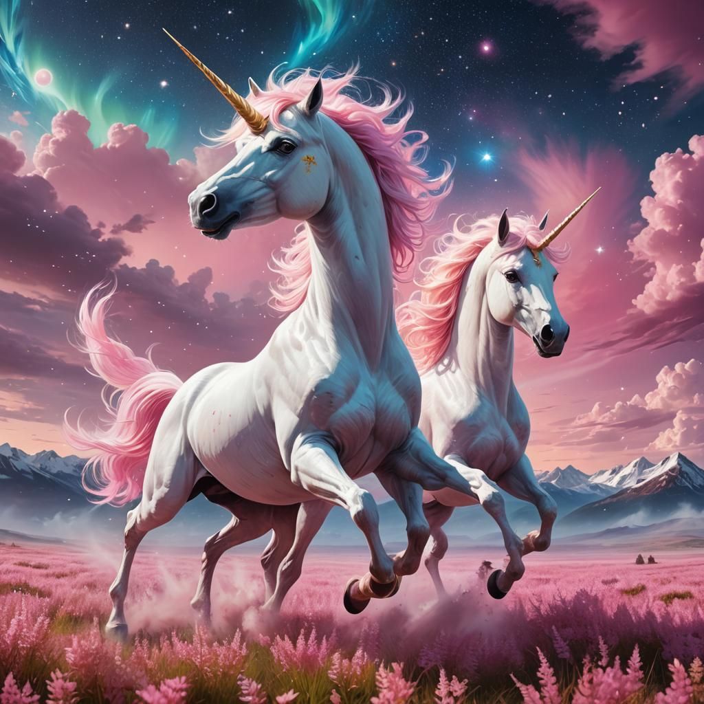 Unicorns Galloping Under Aurora Borealis in Fantasy Art
