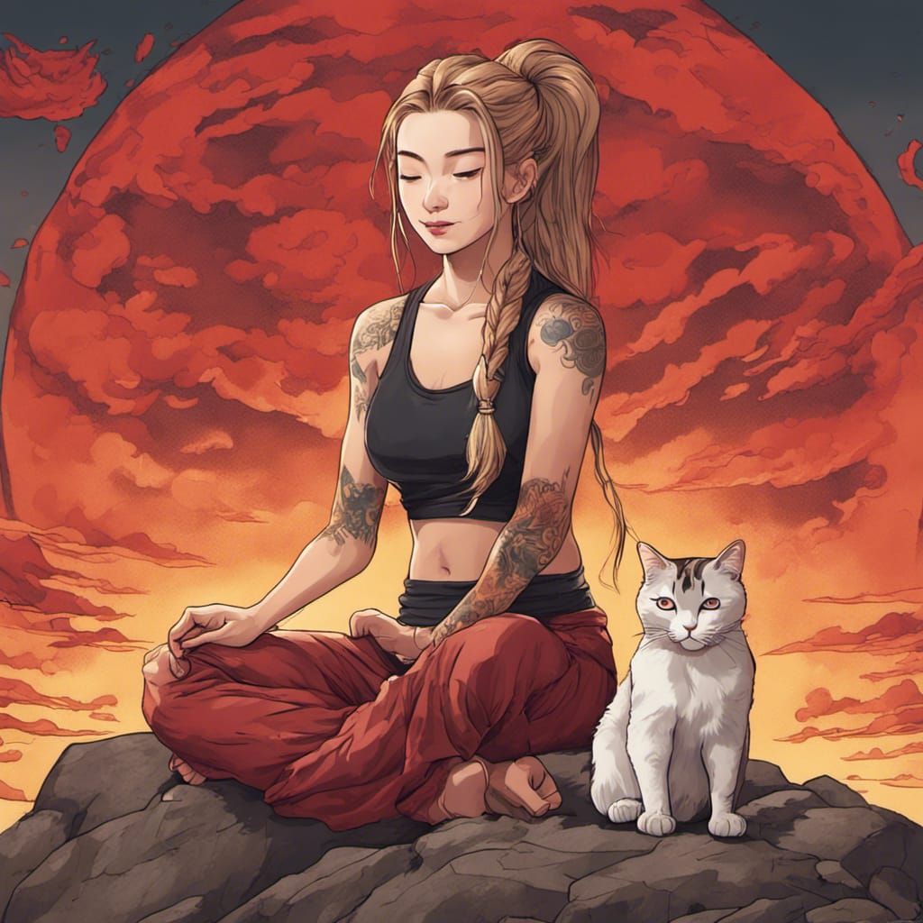 Korean Woman Meditating Amidst Chaotic Graffiti Art