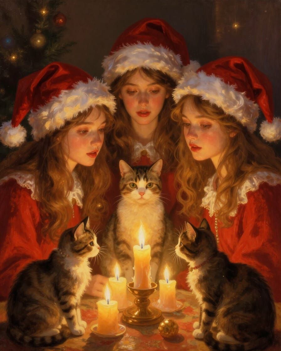 Festive Women, Cats, and Candles in Dreamlike Digital Art