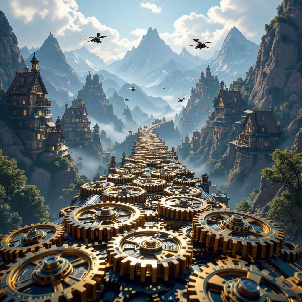 Intricate Gear Landscape with Mountain Houses and Flying Rob...