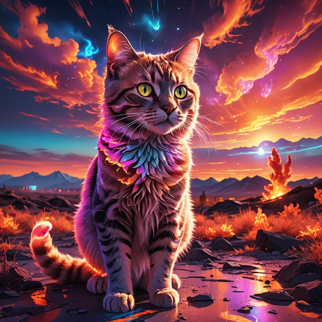 Ethereal Cat Made of Light in Vibrant Neon Cyberpunk Landsca...