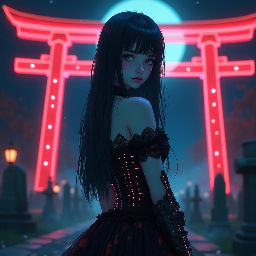 Cyberpunk Goddess in Moonlit Graveyard