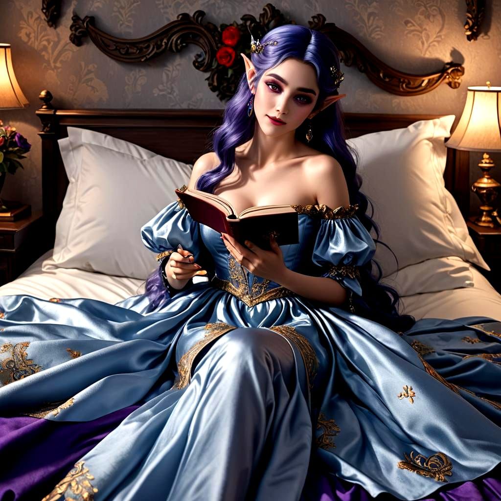 Surreal Elf Reading in Luxury Bedroom
