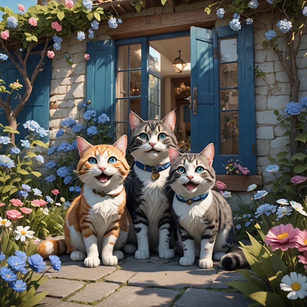 Welcoming Cats in a Detailed 3D Landscape