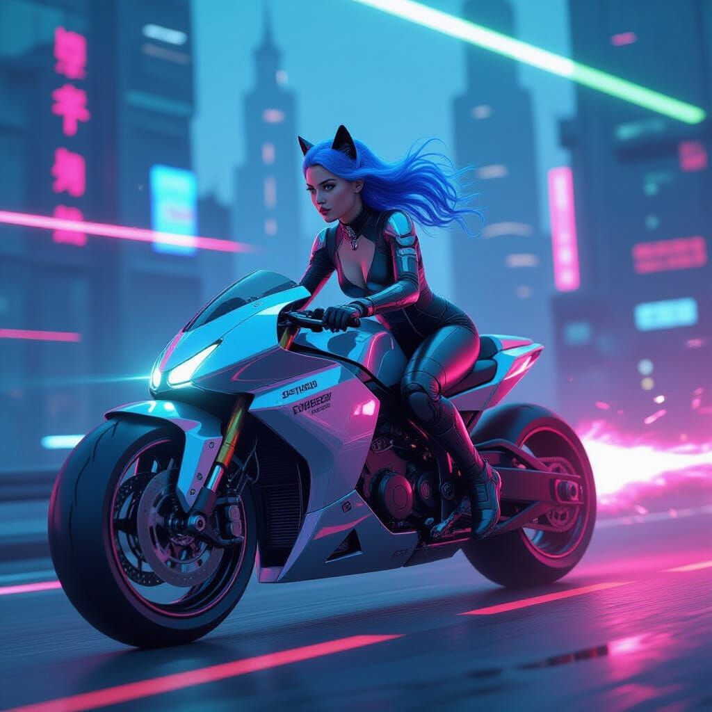 Cyberpunk Woman Rides Hovercycle Through Neon Cityscape