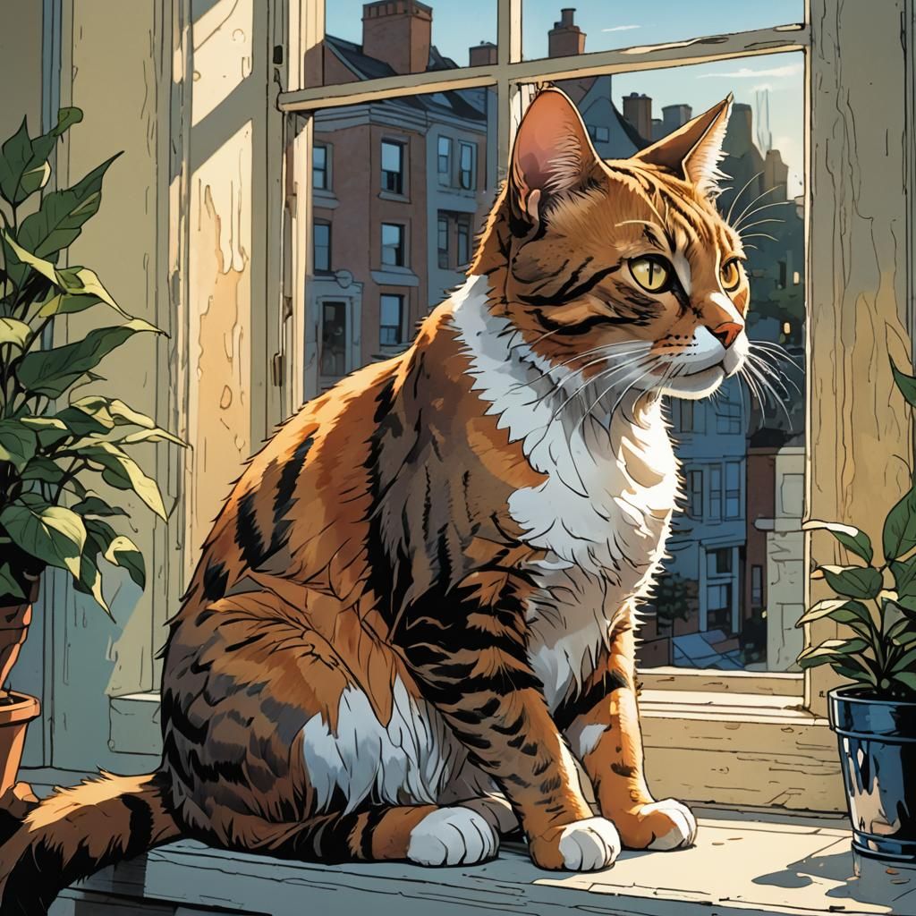 Cat on Windowsill in Stylized Comic Book Art