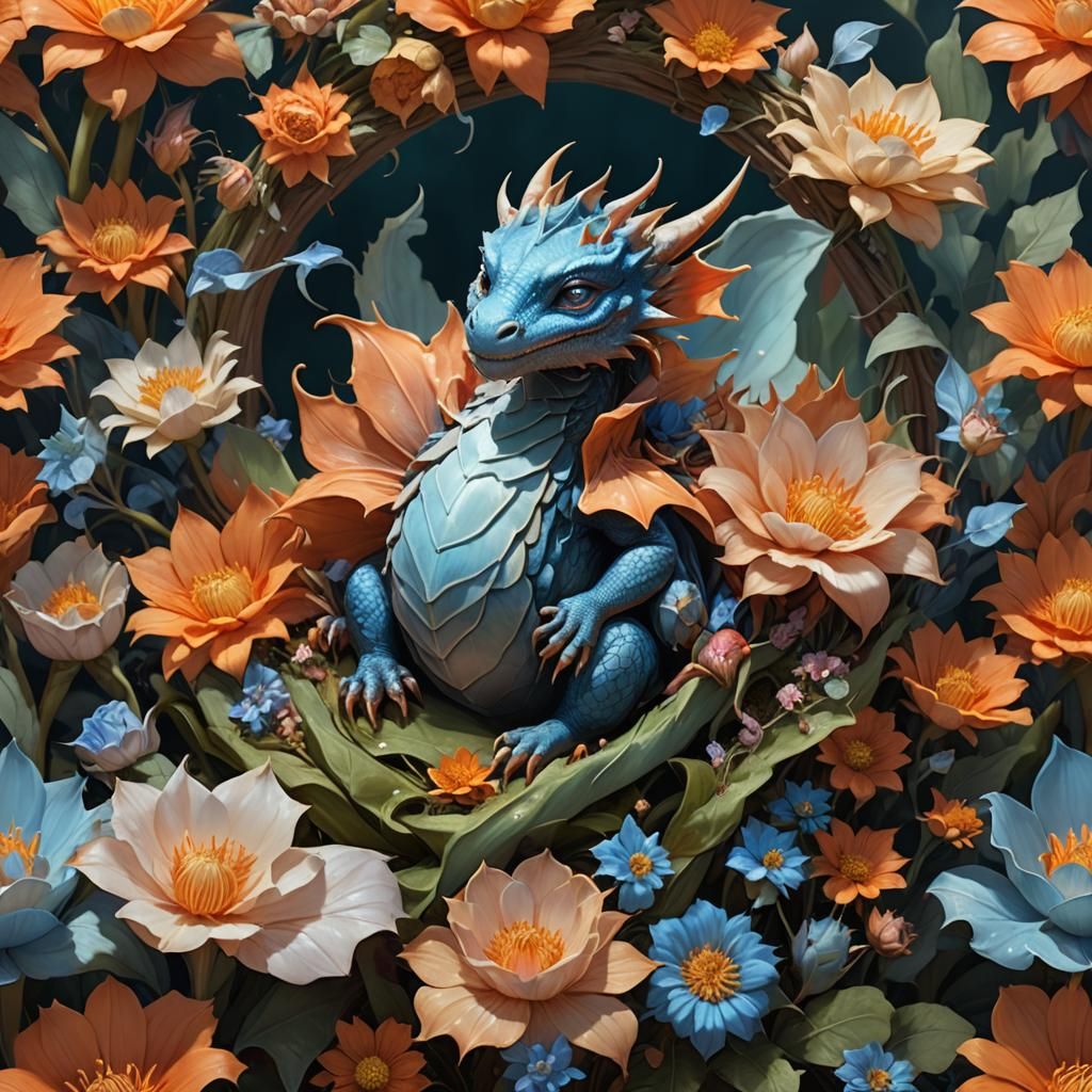 Baby Dragon Sleeps in Giant Flower, Fantasy Art