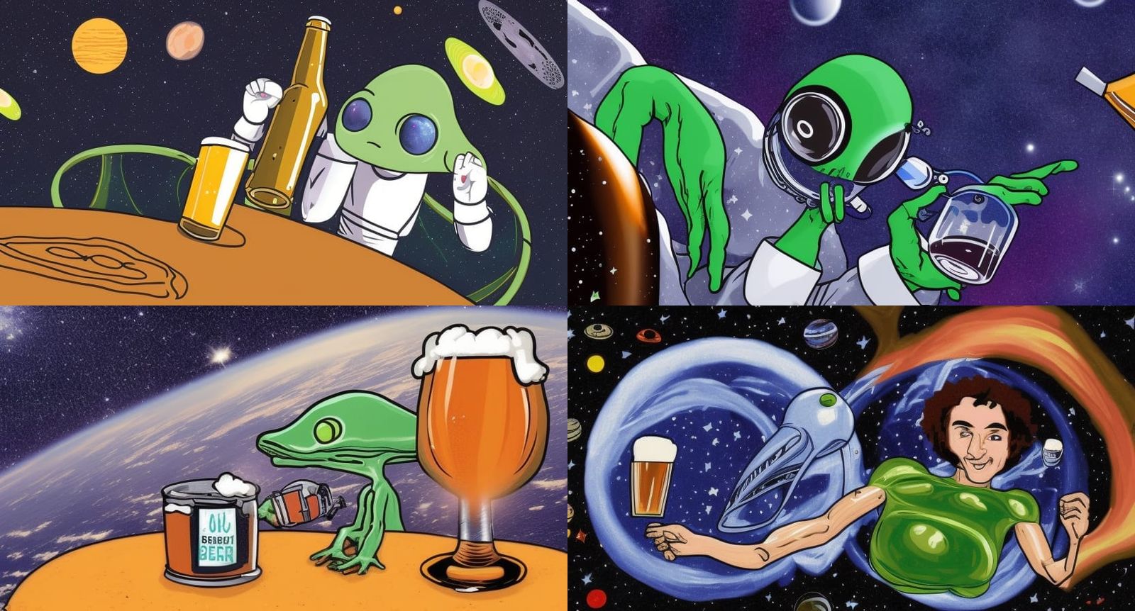 Alien drinking beer in space