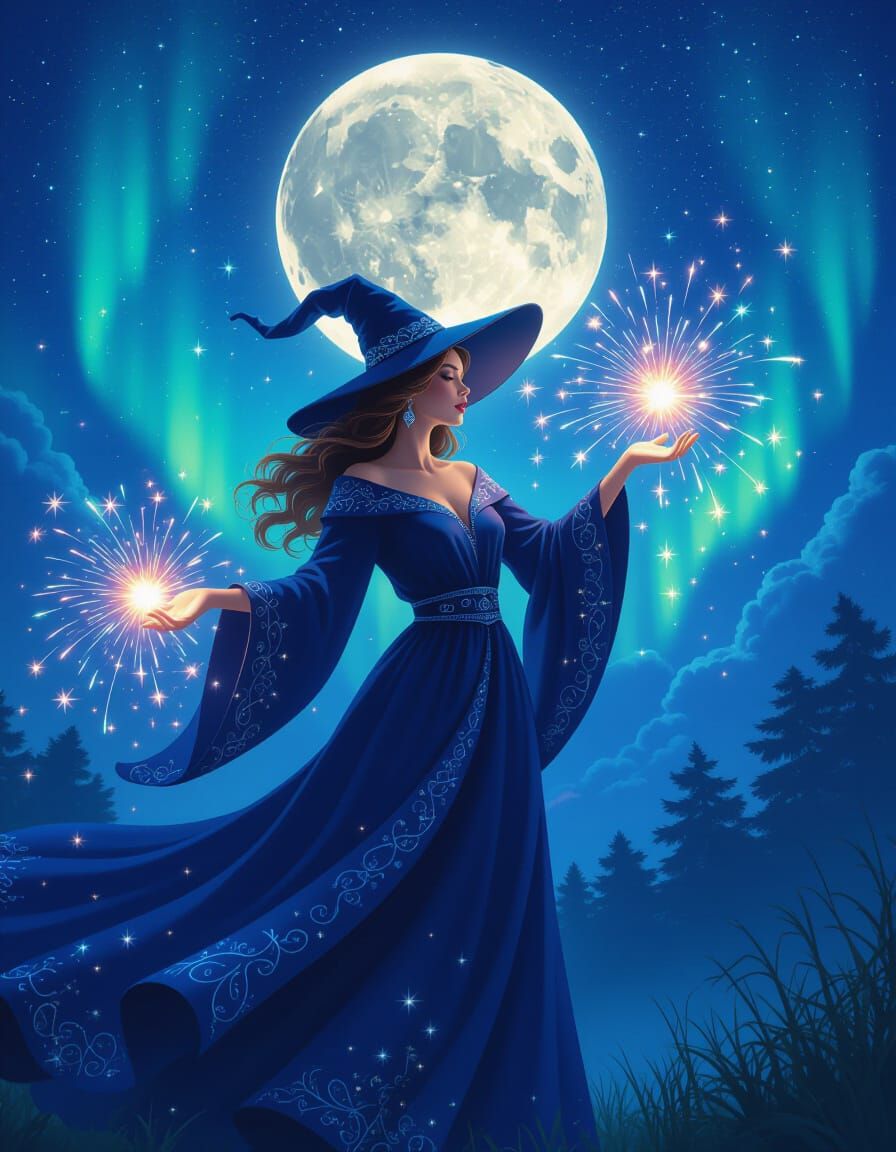Witch Casting Fireworks Spell Under Full Moon with Aurora