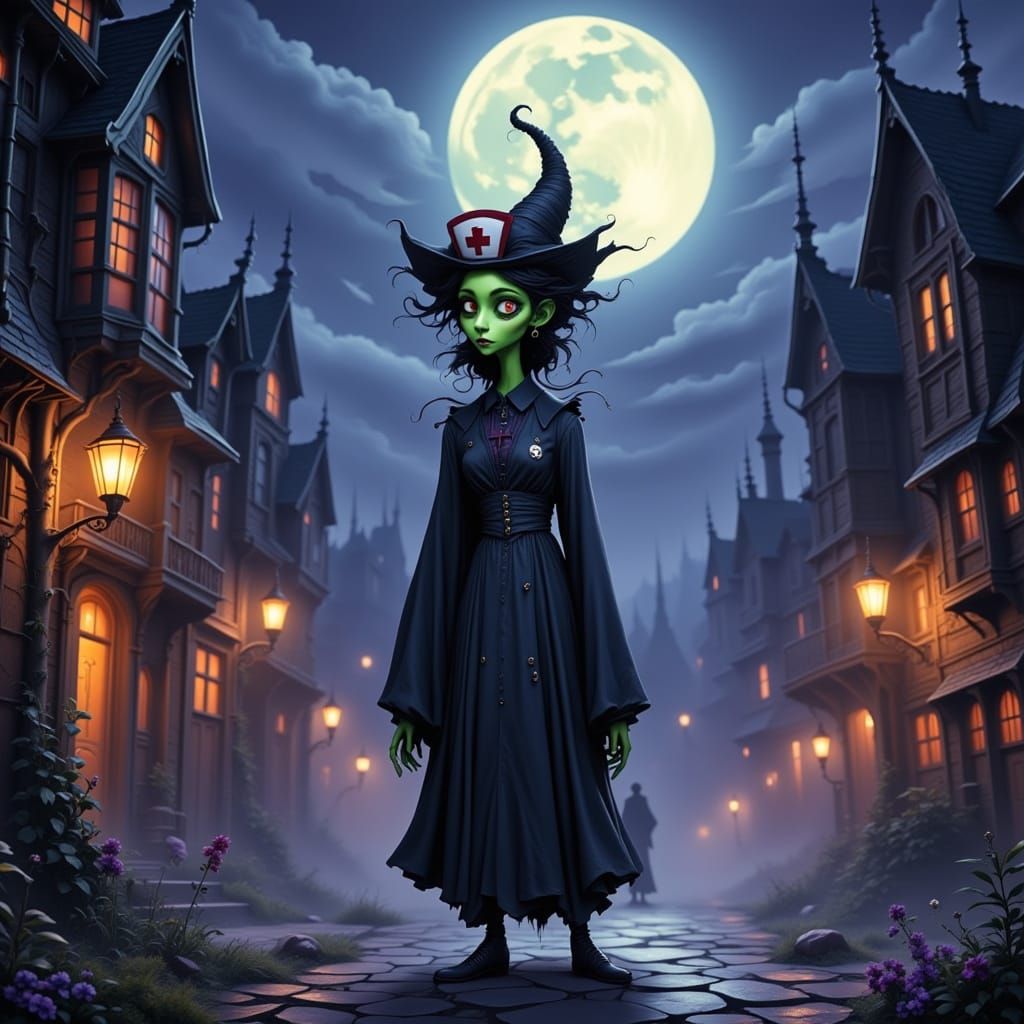 Wicked Nurse Witch on Moonlit Street in Gothic Style