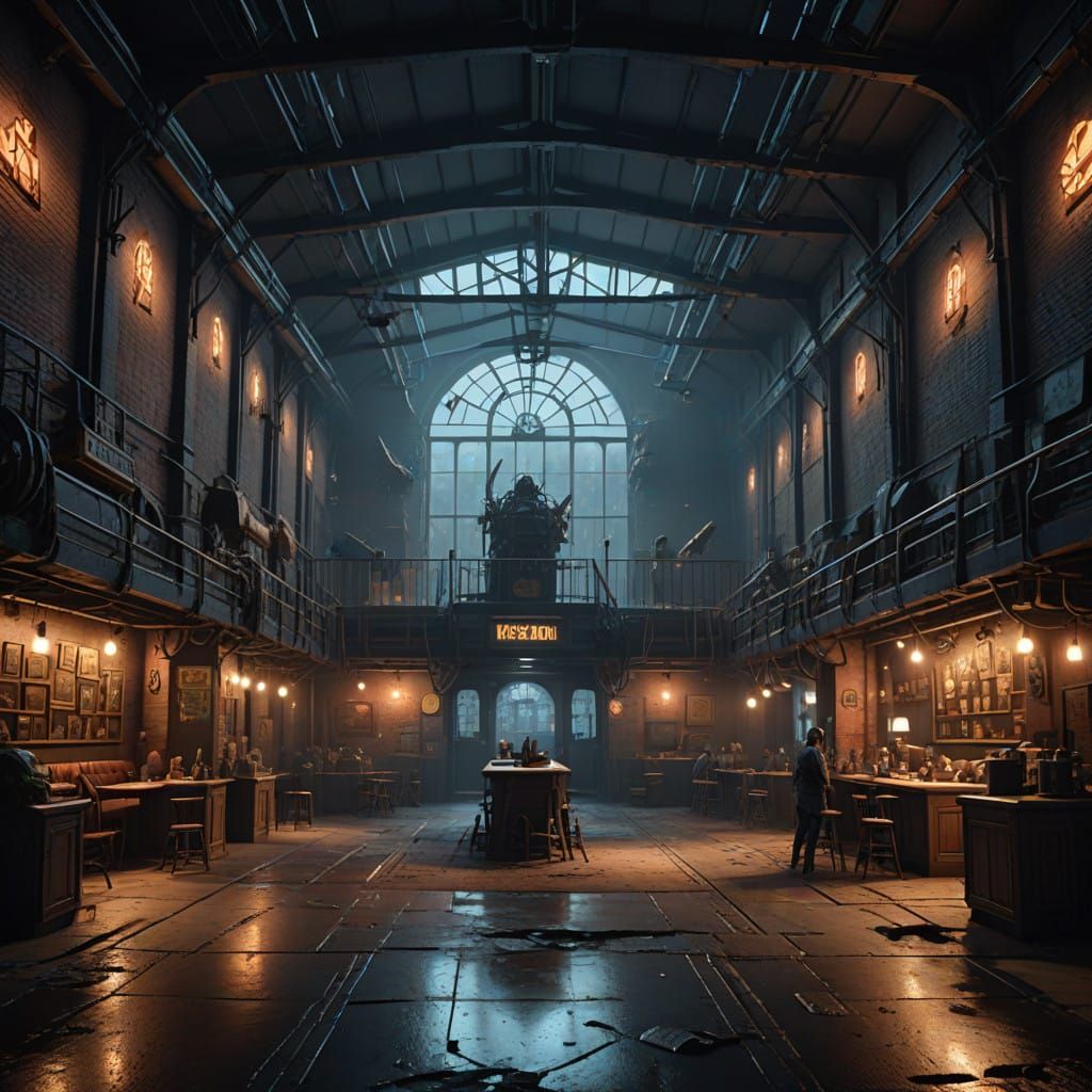 Midnight Warehouse Club Scene in Industrial-Era Aesthetic