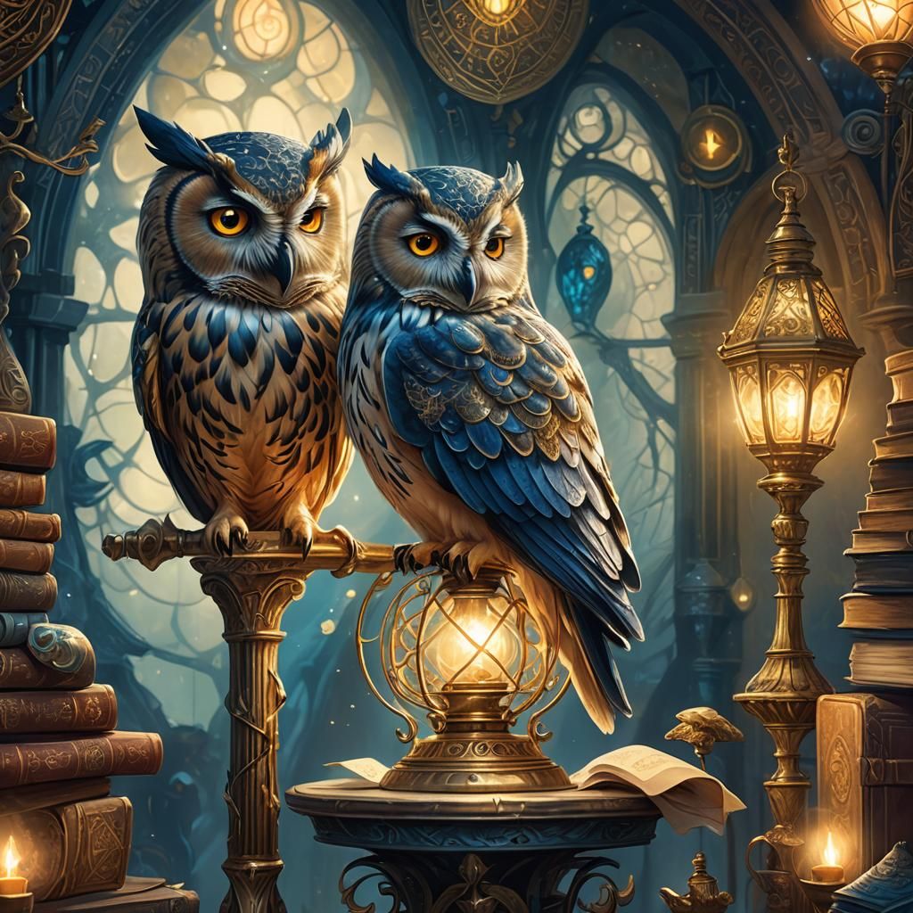 Enchanted Owl Perched on Mystical Lamp, Fantasy Art