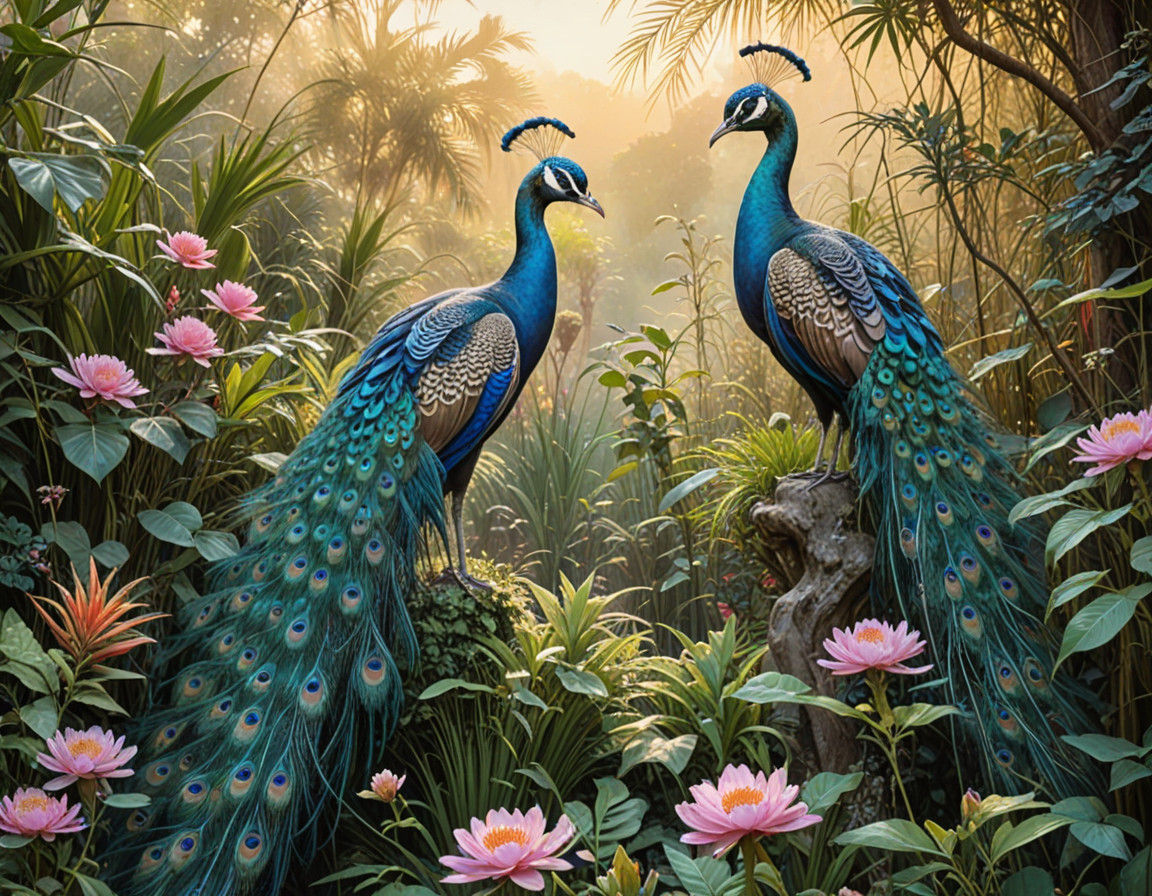 Exotic Oriental Palace Garden Scene under Evening Glow