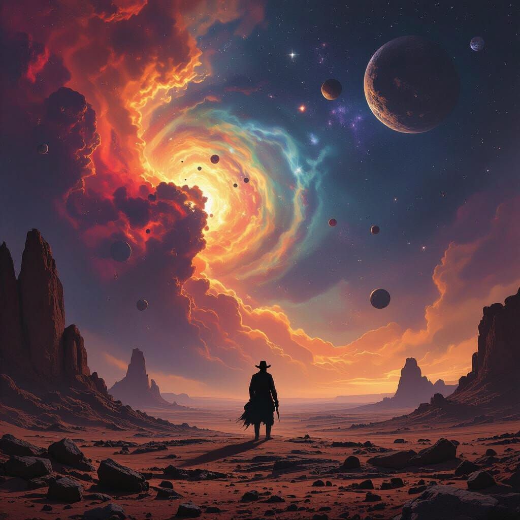 Cowboy in Space Nebula Ruins, Gritty Realism Style