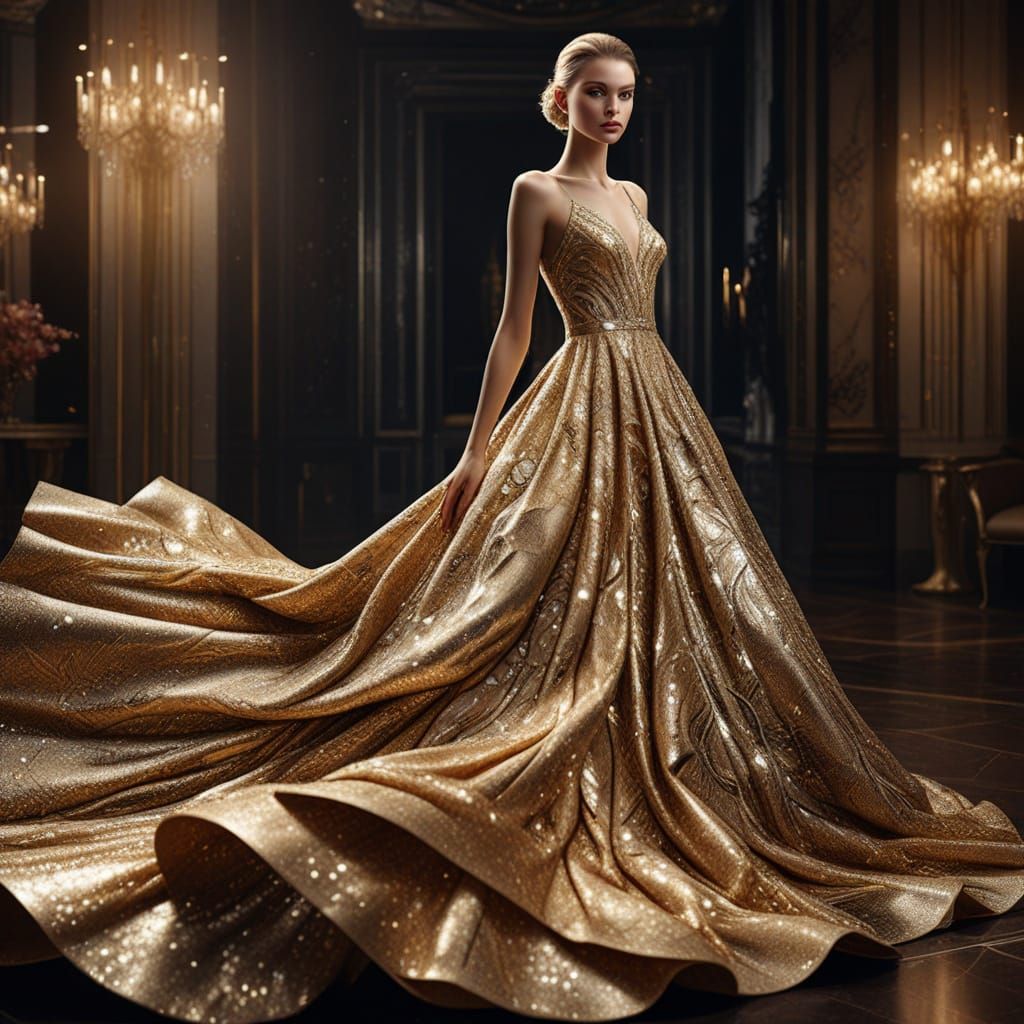 A woman wearing a glamorous evening gown, adorned with intri...