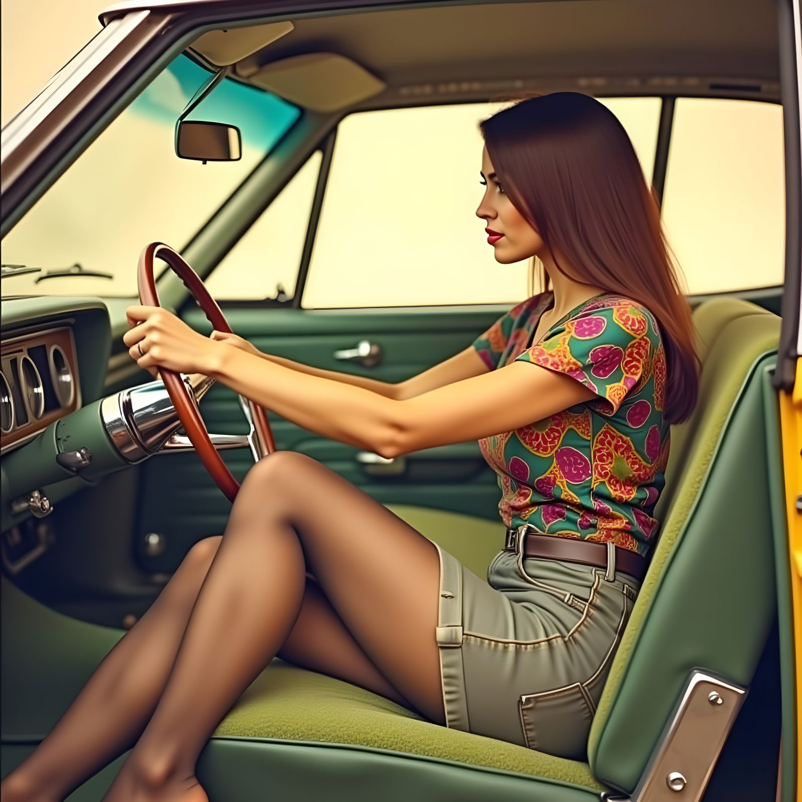 Vintage Beauty Behind the Wheel in Retro Style Vehicle