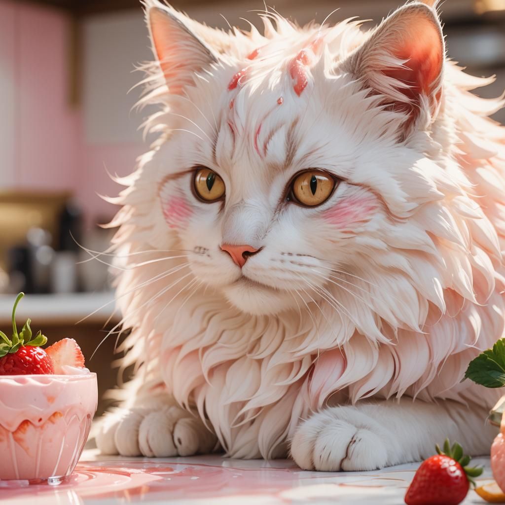 Fluffy Cat Drinks Strawberry Calpico: 3D Anime Art