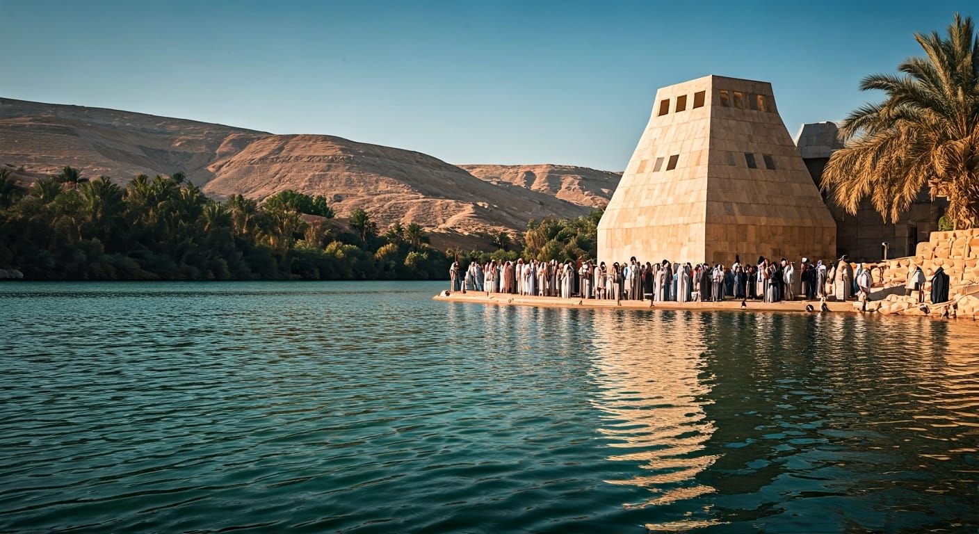 Modern Baptismal Site on Jordan River, Cinematic Lighting