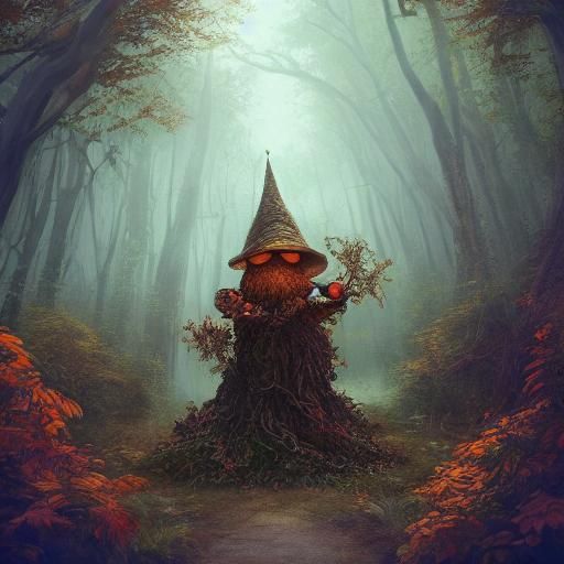 Mystical Gnome Statue in Overgrown Forest Clearing