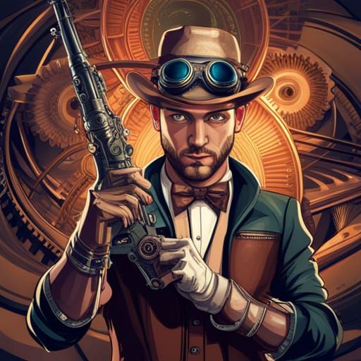 Steampunk Cowboy with Futuristic Gun and Goggles