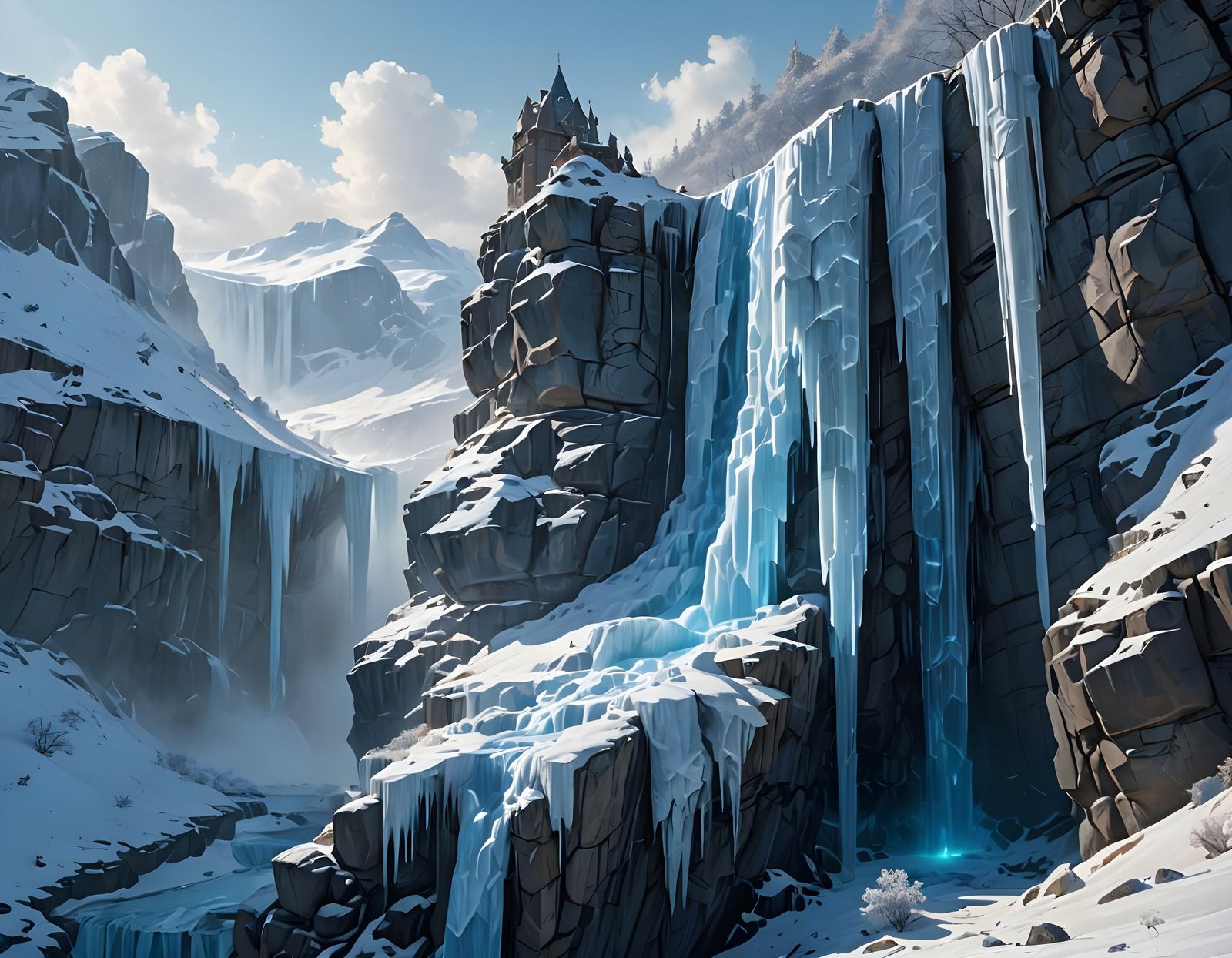 Majestic Ice Fortress on Jagged Cliff in Dramatic Lighting