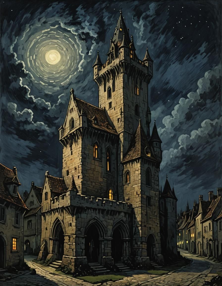 Gothic Tower at Night in Van Gogh Style
