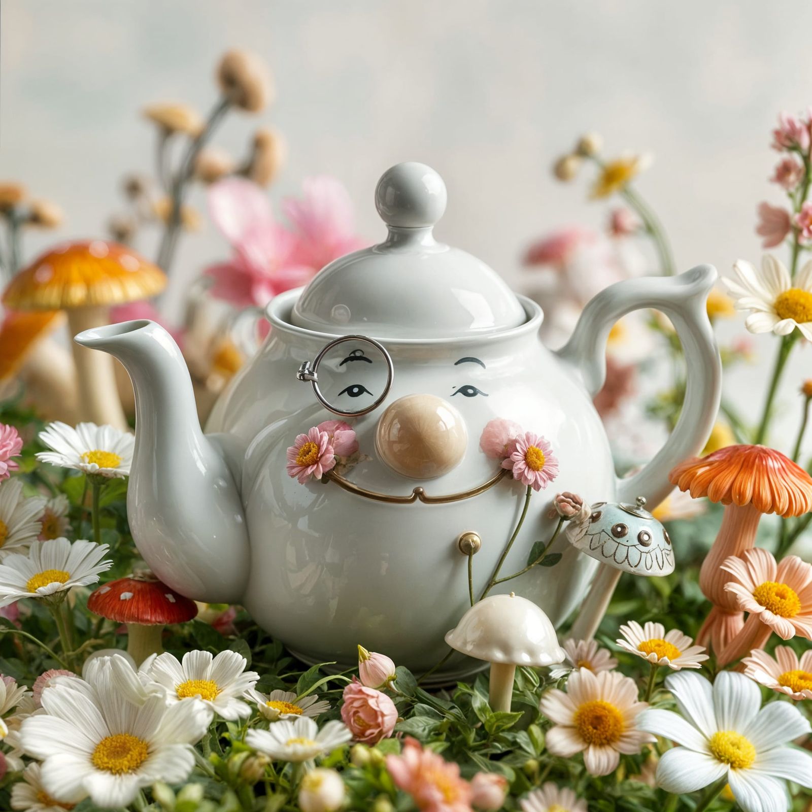 Whimsical Teapot with Flowers in Pastel Palette