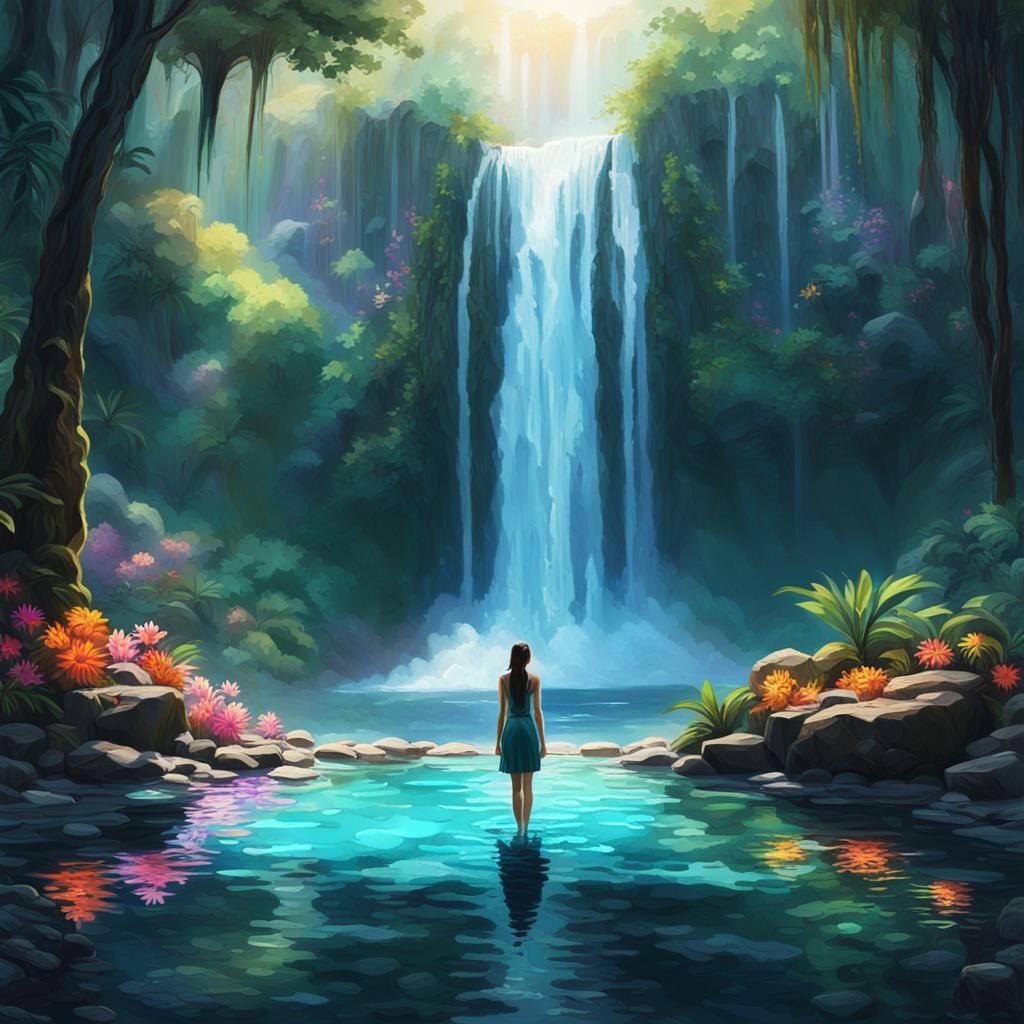 Girl at Waterfall Base in Lush Digital Painting