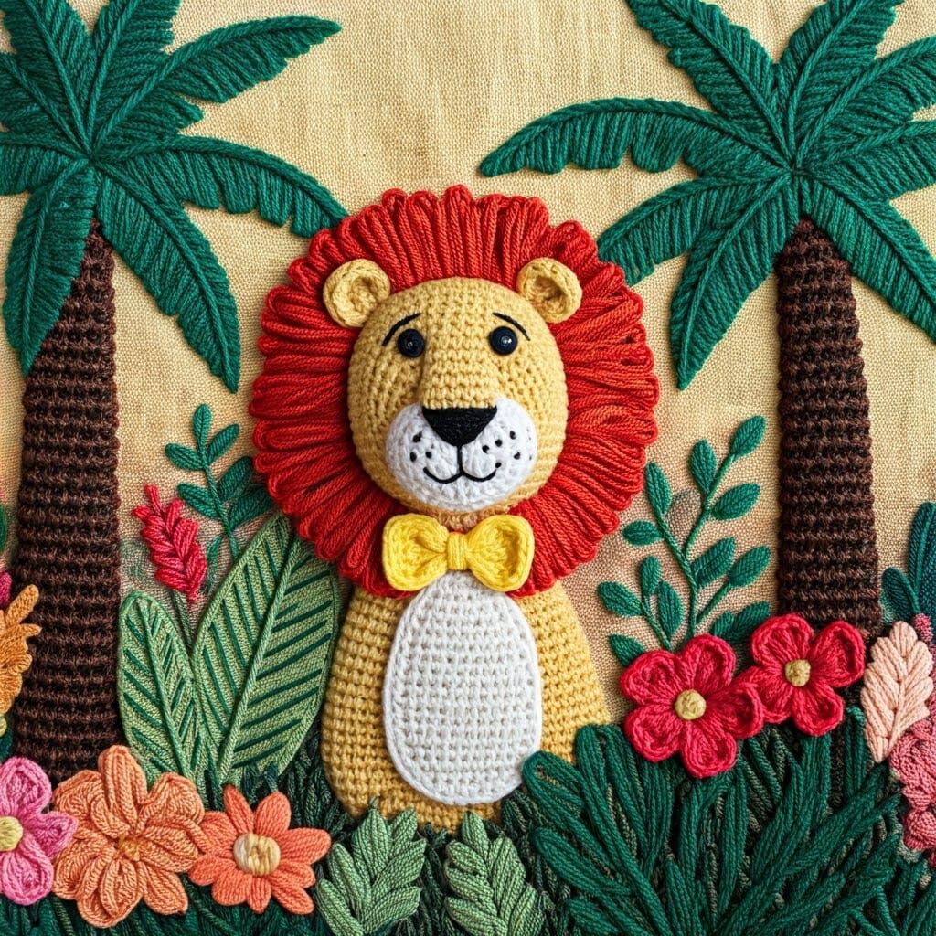 Crocheted Lion Safari Scene in Folksy Style