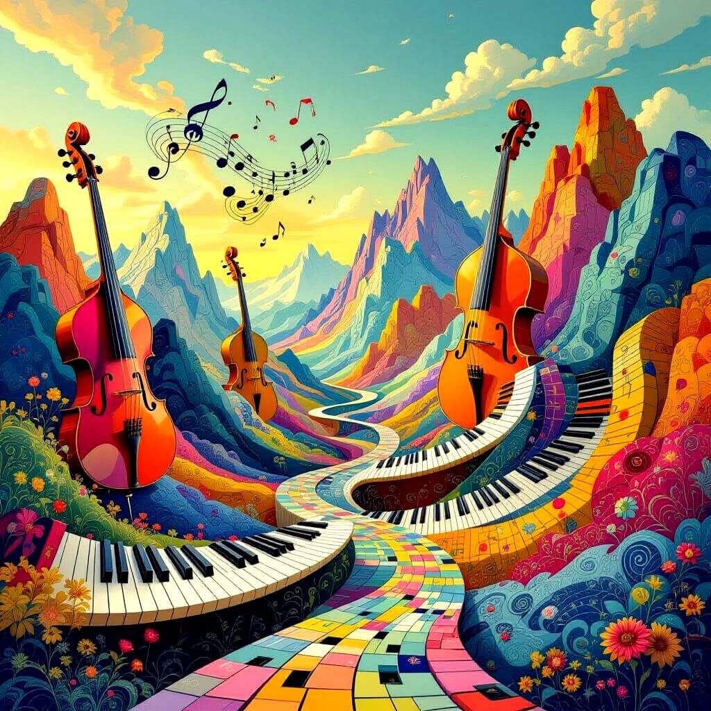Surreal Musical Instrument Landscape in Matte Oil Style