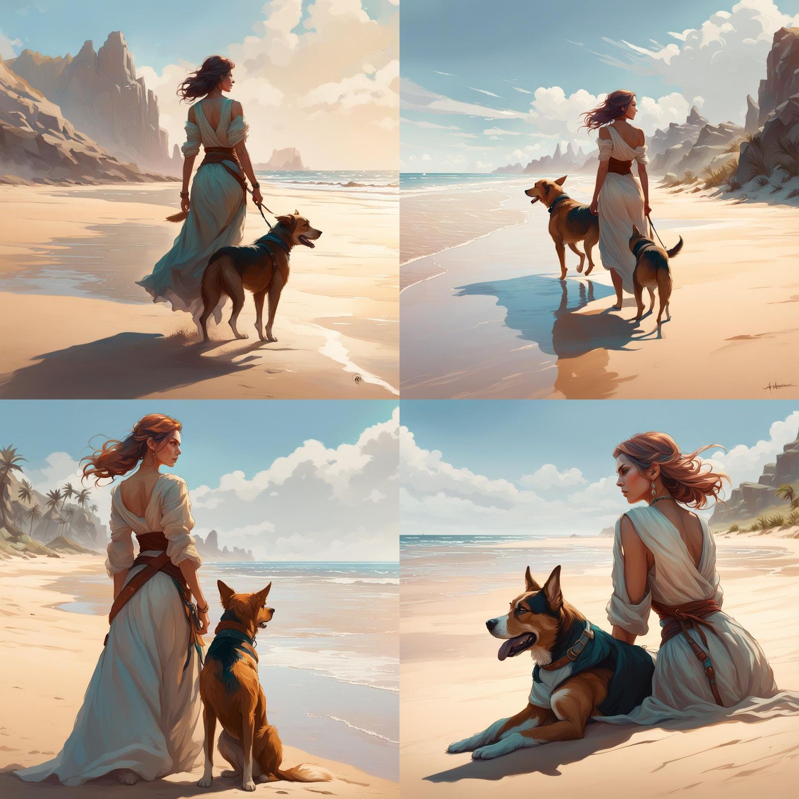 Woman and Dog on Sandy Beach: Hyperdetailed Digital Art