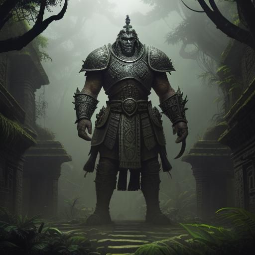 Aztec Warrior Guarding Jungle Temple Gate