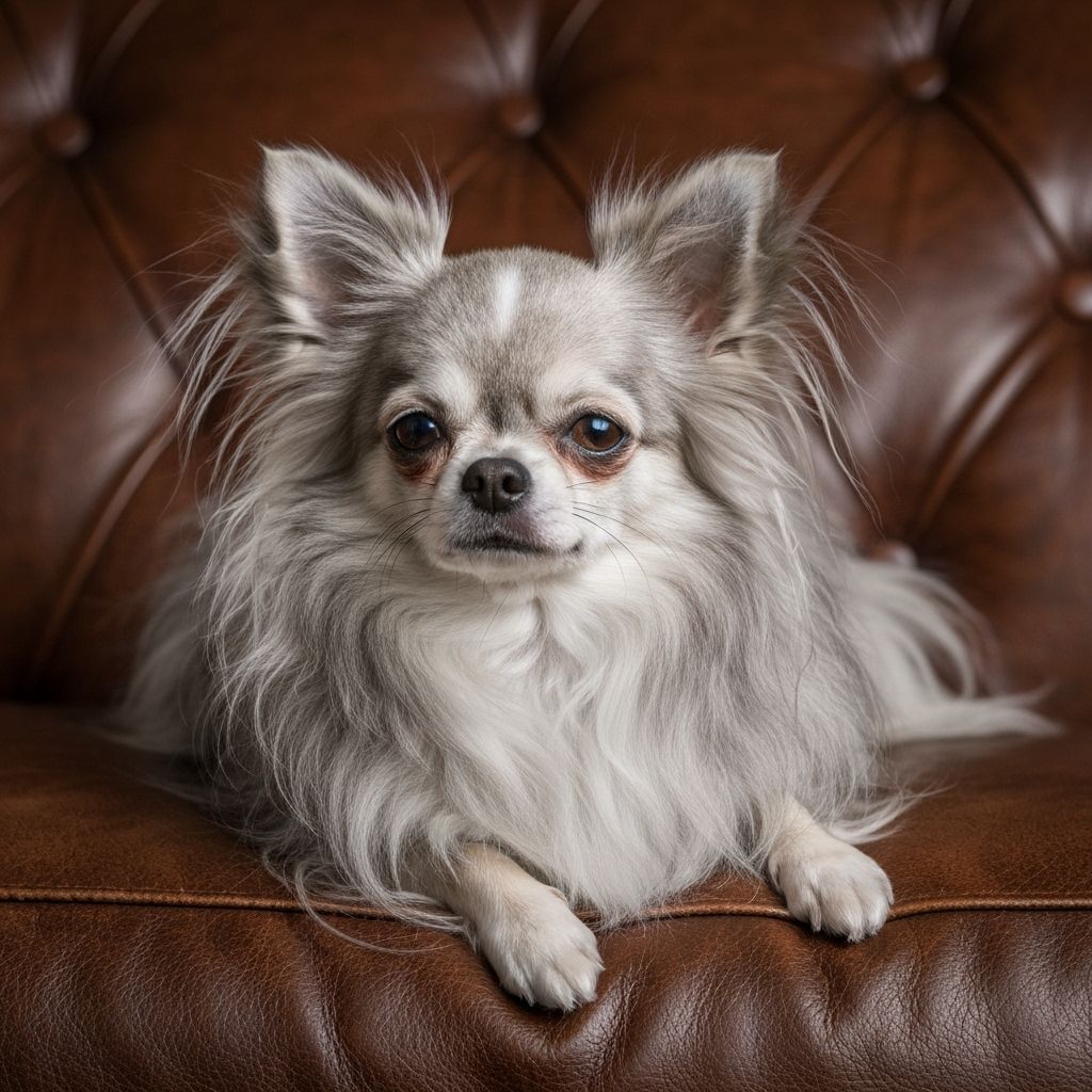 Long Haired Chihuahua Lounging on Leather Couch in Oil Paint...